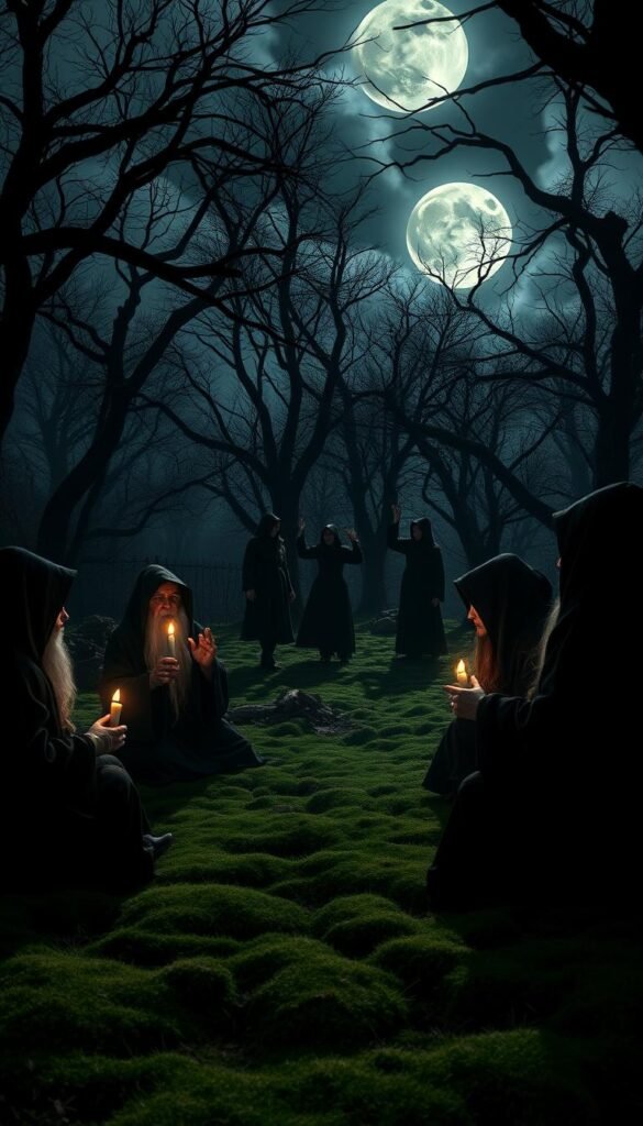 A coven of witches gathered in a moonlit forest glade, their hooded robes casting long shadows on the mossy ground. In the foreground, three elder witches sit cross-legged in a circle, their hands joined as they chant an ancient incantation. Flickering candlelight illuminates their weathered faces, casting an eerie glow. In the middle ground, younger witches sway and dance to an unheard rhythm, their hands raised to the heavens. The background is dense with gnarled trees, their bare branches reaching up towards a full moon that shines through wispy clouds. An unseen wind rustles the leaves, adding to the atmosphere of mysticism and magic.