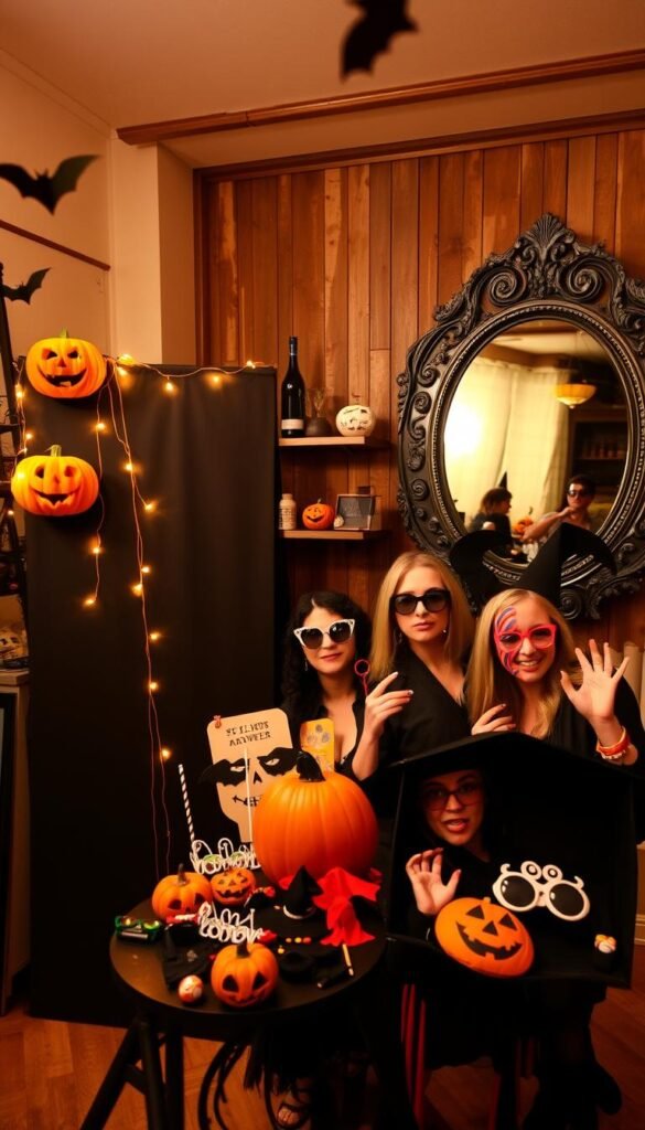 A cozy and festive Halloween photo booth scene in a warm, inviting setting. In the foreground, a sleek, modern photo booth backdrop adorned with spooky Halloween decorations - carved pumpkins, hanging bats, and a twinkling string of orange lights. In the middle ground, an array of fun, Halloween-themed props like witch hats, fake fangs, and oversized glasses for guests to pose with. The background features a rustic, wooden wall with shelves displaying whimsical Halloween tchotchkes and a large, ornate mirror reflecting the playful scene. Soft, directional lighting casts a warm, golden glow, creating an enchanting, atmospheric mood perfect for capturing memorable Halloween party photos.