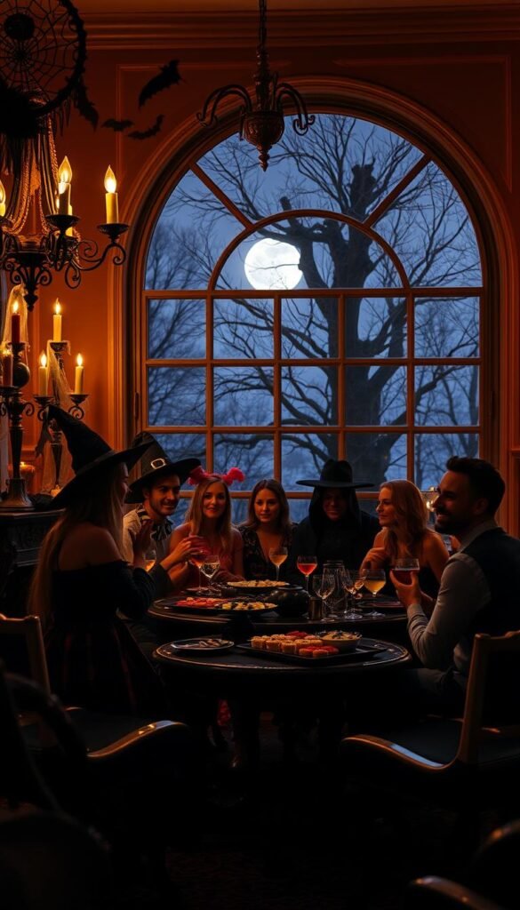 A cozy and festive adult Halloween party scene. In the foreground, a group of friends dressed in whimsical costumes gather around a table laden with spooky treats and cocktails. Mid-ground, the party is set in a dimly lit, richly decorated room with gothic-inspired decor - ornate chandeliers, carved wooden furniture, and cobweb-adorned candelabras. The background features a large arched window overlooking a moonlit night, with silhouettes of bare trees against an indigo sky. Soft, warm lighting casts a flattering glow, creating an inviting and slightly eerie atmosphere. The scene conveys a sense of community, revelry, and a touch of mystery.
