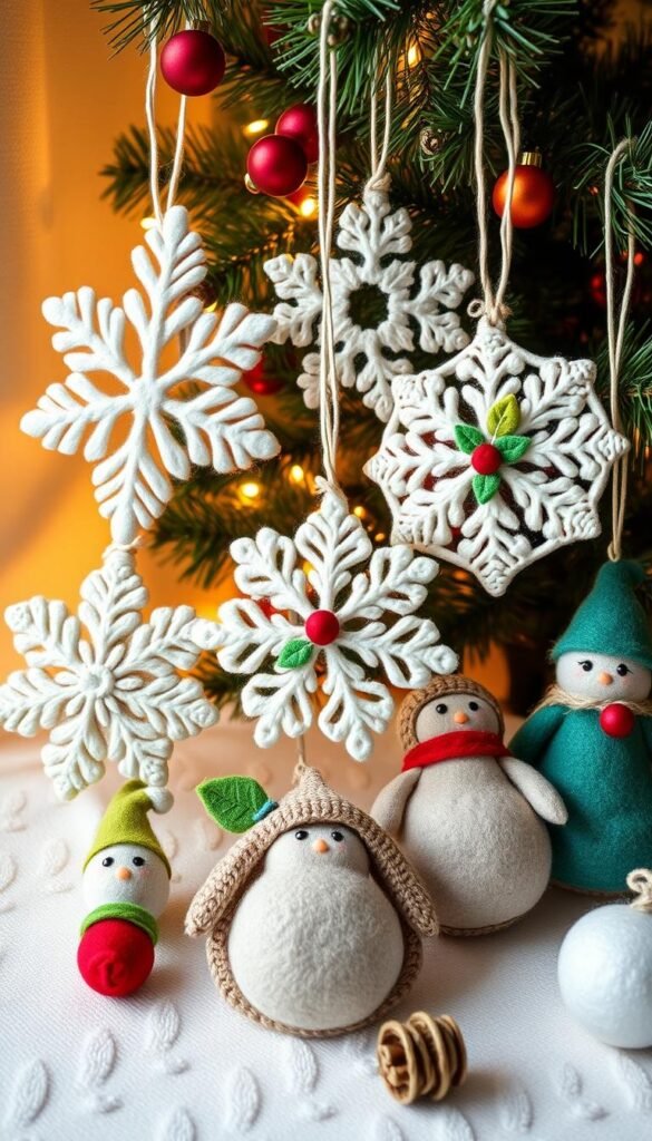 A cozy arrangement of handcrafted felt Christmas ornaments, artfully displayed against a warm, festive backdrop. The ornaments feature intricate, whimsical designs - snowflakes, holly leaves, and plump, jolly figures. Soft lighting casts a gentle glow, highlighting the ornaments' rich textures and vibrant colors. The ornaments are thoughtfully arranged, creating a visually striking composition that draws the eye and sparks imagination. A sense of holiday cheer and homemade charm permeates the scene, inviting the viewer to imagine the creative possibilities of these versatile felt decorations.