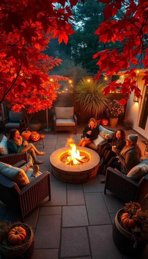 A cozy autumn backyard with a crackling firepit surrounded by plush seating. Vibrant orange and red foliage frames the scene, casting a warm glow. Jack-o'-lanterns and string lights adorn the patio, creating an inviting, festive atmosphere. In the foreground, a group of friends gather, sipping hot cider and laughing, dressed in casual autumn attire. The lighting is soft and golden, creating an intimate, welcoming mood. A hint of fog drifts through the background, adding to the autumnal, otherworldly ambiance. The camera angle is slightly elevated, capturing the scene from a comfortable, bird's-eye perspective.