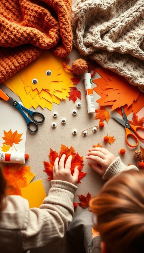 A cozy autumn scene, a table filled with an assortment of vibrant fall-themed craft supplies - construction paper in warm hues, googly eyes, glue sticks, scissors, and pom-poms. A toddler's small hands manipulate the materials, creating whimsical fall-inspired art. Soft, diffused lighting casts a golden glow, highlighting the textures and colors. The composition is balanced, with the craft supplies as the focal point, surrounded by a blurred background of cozy textures like knit blankets and wooden surfaces. The overall mood is one of creativity, comfort, and the joy of hands-on learning during the autumn season.