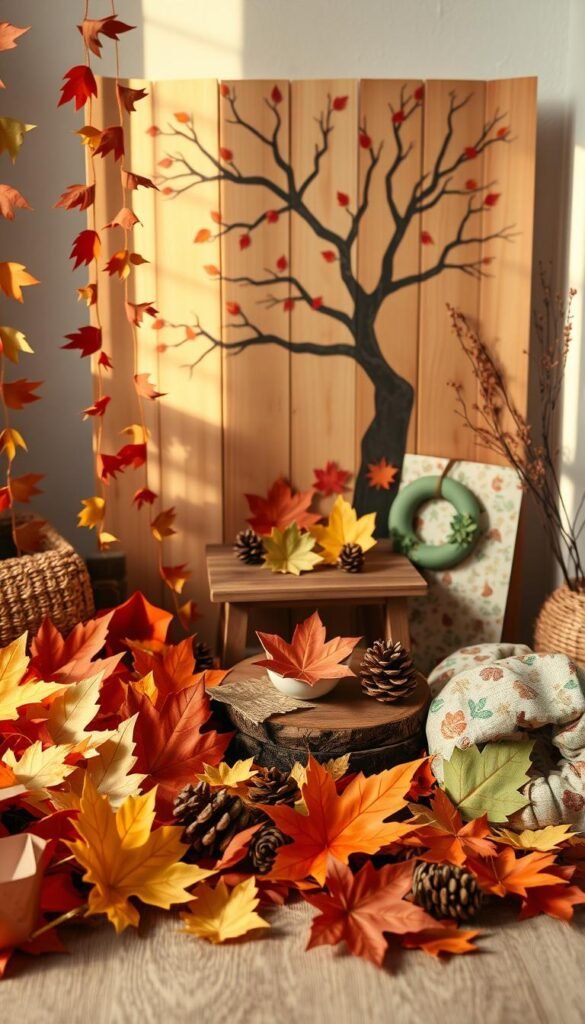 A cozy autumn scene showcasing a variety of whimsical leaf and tree-inspired crafts. In the foreground, an assortment of handmade paper leaves, garlands, and origami decorations in warm autumnal hues. In the middle ground, a small wooden table displaying painted leaf-shaped trinket dishes, pine cone wreaths, and DIY leaf-print fabric. In the background, a rustic wooden backdrop with a silhouette of a tree branch against a soft, golden-hued sky. Gentle side lighting casts a natural, inviting glow over the tranquil tableau. Subtle textures and warm, earthy tones evoke the essence of the autumn season.