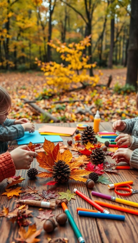 A cozy autumn scene with children crafting in a natural setting. In the foreground, small hands delicately arrange vibrant fall leaves, pinecones, and acorns into whimsical creations. The middle ground features a rustic wooden table, its surface covered in a variety of craft supplies - colorful construction paper, glue sticks, markers, and scissors. In the background, a lush forest of changing foliage sets the stage, the warm glow of soft, diffused lighting casting a peaceful ambiance. The overall mood is one of creativity, discovery, and a connection to the beauty of the outdoors.