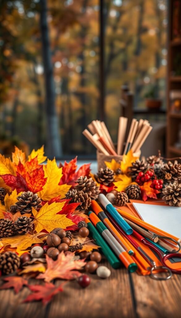 A cozy autumn still life showcasing an array of fall craft materials. In the foreground, an assortment of colorful fall leaves, pinecones, acorns, and berries are arranged artfully on a wooden surface, illuminated by warm, soft lighting. In the middle ground, craft supplies such as markers, glue sticks, scissors, and construction paper in autumnal hues are neatly displayed. The background features a blurred, natural backdrop of trees and a hint of a cozy, rustic interior, creating a welcoming, seasonal atmosphere. The overall composition evokes a sense of creativity, coziness, and the joyful spirit of fall crafting.