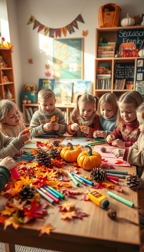 A cozy fall scene with a group of creative children working on seasonal crafts. In the foreground, a table overflows with vibrant autumn leaves, pumpkins, pinecones, and an array of craft supplies - markers, glue, scissors, and construction paper. The children, dressed in warm sweaters and jackets, sit around the table, their faces alight with concentration as they cut, glue, and assemble their projects. Soft, diffused lighting from a nearby window casts a gentle glow, highlighting the vivid colors and textures of the materials. In the background, a bookshelf filled with children's books and a chalkboard displaying the season's themes create a warm, educational atmosphere. The overall mood is one of joyful exploration and discovery, as the kids engage in creative fall-themed activities.