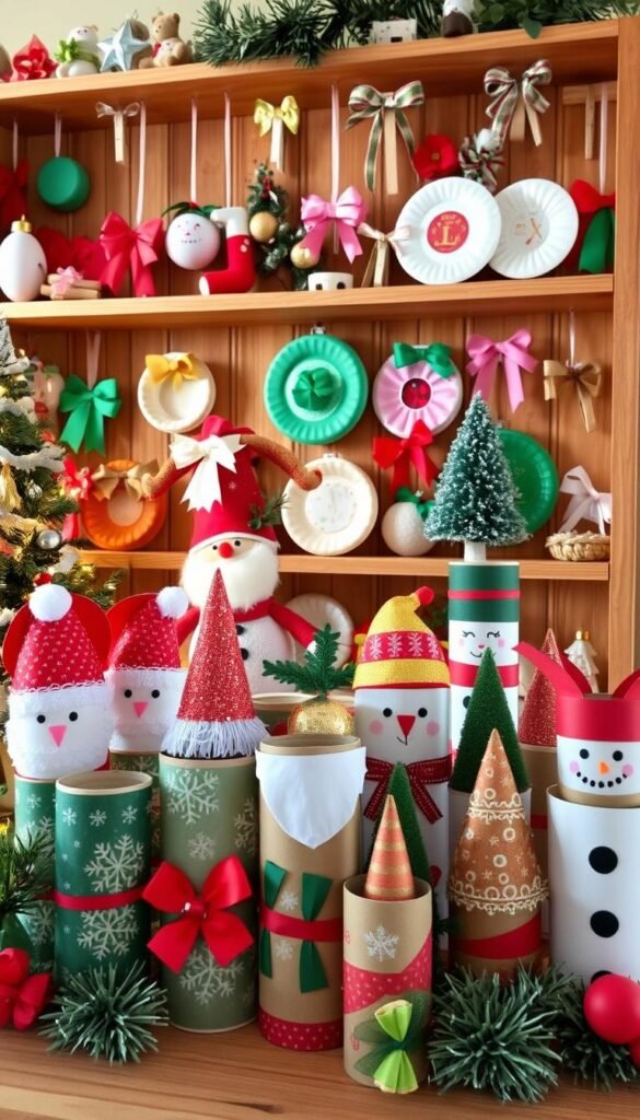 A cozy, festive scene of DIY Christmas crafts made from upcycled toilet paper rolls. In the foreground, a cluster of whimsical toilet paper roll decorations, adorned with intricate patterns, ribbons, and glittery embellishments. In the middle ground, a collection of toilet paper roll Santa Clauses, reindeer, and snowmen stand proudly. The background features a warm, rustic setting with wooden shelves displaying an array of handmade ornaments, bows, and other charming holiday creations crafted from repurposed materials like craft sticks, paper plates, and clothespins. Soft, natural lighting casts a gentle glow, evoking a sense of homespun holiday cheer and creativity.