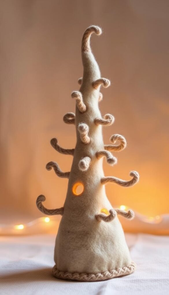 A cozy, handmade felt tree with a textured, fabric-like surface stands in the foreground, its branches gently curving to create a whimsical, organic shape. The tree is illuminated by warm, soft lighting that casts gentle shadows, emphasizing its tactile, three-dimensional quality. In the middle ground, a neutral, muted background complements the tree's natural tones, creating a serene, contemplative atmosphere. The overall scene evokes a sense of comfort, craftsmanship, and the charming appeal of homemade holiday decorations.