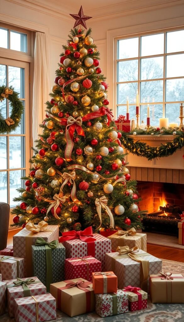 A cozy living room scene with a beautifully decorated Christmas tree as the focal point. The tree is adorned with an array of colorful ornaments, ribbons, and twinkling lights, creating a warm and festive atmosphere. In the foreground, neatly wrapped presents in coordinating gift wrap and bows are arranged around the tree's base, inviting the viewer to imagine the joy of gifting. The middle ground features a cozy fireplace with a mantle decorated with garlands, candles, and other holiday accents, casting a soft, golden glow. The background showcases a window overlooking a snowy winter landscape, adding to the tranquil and serene ambiance. The overall scene exudes a sense of holiday cheer and a desire to style one's home beyond just the tree.