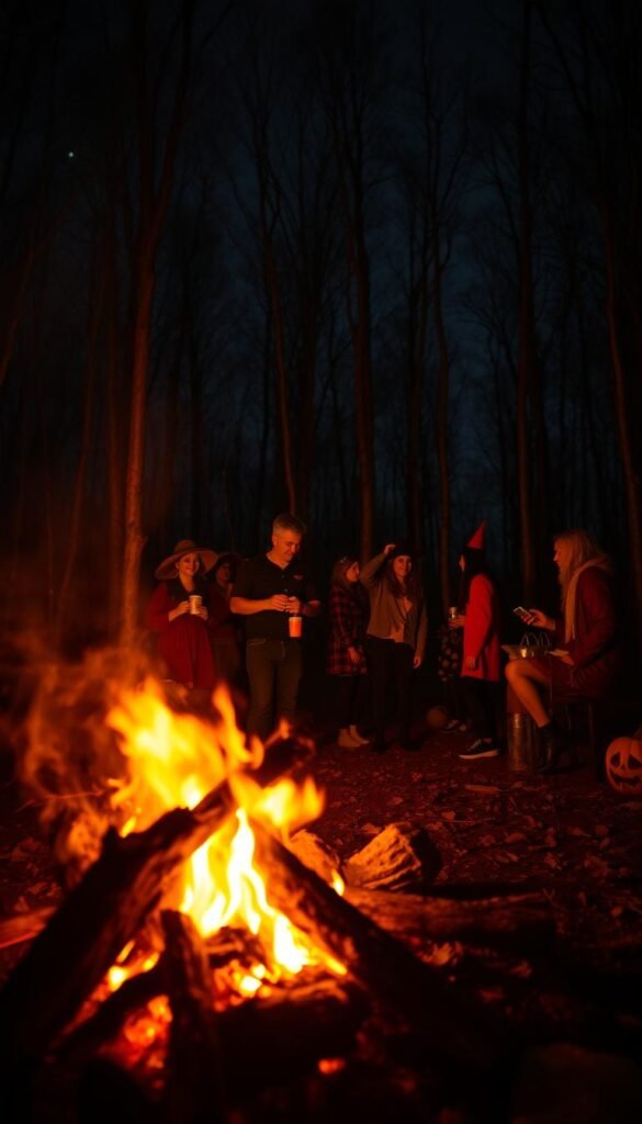 A cozy outdoor Halloween bonfire glows in the foreground, its flickering flames casting warm, dancing shadows. In the middle ground, a group of costumed revelers gather around, sharing laughter and spooky stories. The background is a dimly lit forest, its bare trees reaching up towards a starry night sky. The scene is bathed in a moody, atmospheric lighting that evokes a sense of mystery and autumn chill. The overall mood is one of rustic, enchanting Halloween celebration, perfect for a Pinterest-worthy outdoor aesthetic.