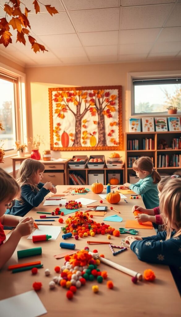 A cozy preschool classroom filled with fall-themed crafts and activities. In the foreground, a table is covered in various materials like construction paper, glue, scissors, and pom-poms. Children's hands can be seen working diligently on projects. In the middle ground, a bulletin board displays vibrant autumn-inspired artwork, while a bookshelf in the background holds seasonal storybooks. Warm, golden lighting creates a welcoming atmosphere, and the windows reveal a scenic view of trees with changing foliage outside. The overall scene exudes a sense of creativity, learning, and the joyful spirit of the autumn season.
