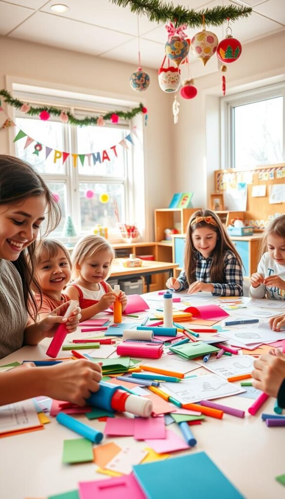 A cozy, sun-drenched classroom filled with whimsical DIY crafts made by cheerful, smiling kids. In the foreground, a table overflows with colorful construction paper, glue sticks, scissors, and printable templates. Children's hands are engaged in the creative process, carefully cutting, gluing, and assembling holiday-themed projects. The middle ground reveals playful decor - a paper garland, handmade ornaments dangling from the ceiling, and a festive bulletin board displaying the young artists' creations. The background showcases the warm, inviting atmosphere of the classroom, with large windows letting in natural light and posters or artwork adorning the walls. An overall sense of joy, creativity, and learning permeates the scene.