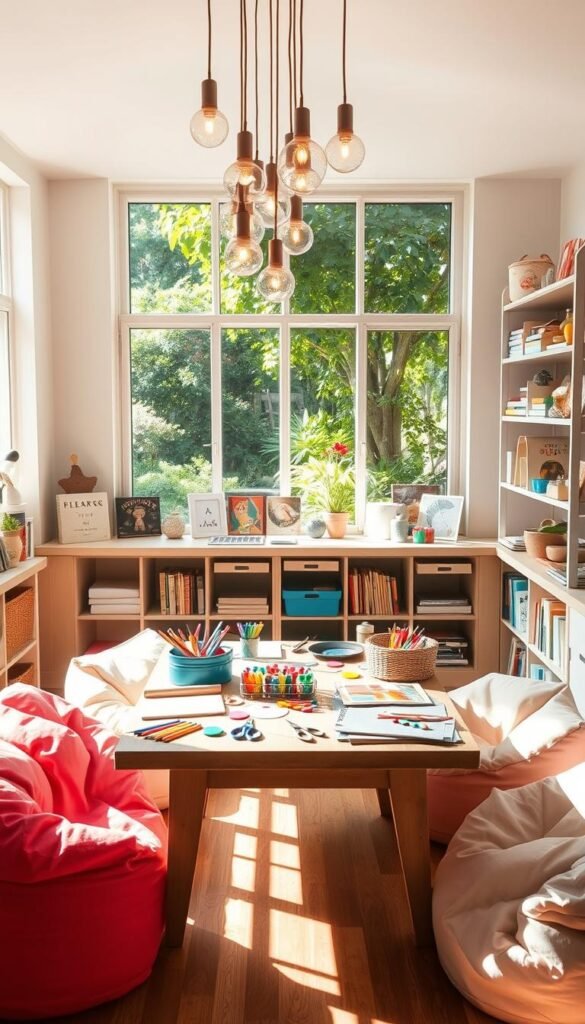 A cozy, sun-drenched crafting nook for young creatives. In the foreground, a sturdy kid-sized table surrounded by plush beanbag chairs in pastel hues. The tabletop is adorned with an array of art supplies - colorful crayons, non-toxic paints, chunky safety scissors, and piles of textured paper in a rainbow of shades. Hanging above, a cluster of playful pendant lights cast a warm, inviting glow. Along the middle ground, shelves filled with whimsical craft kits, storybooks, and inspiring trinkets. In the background, a large window overlooking a lush, verdant garden, allowing natural light to stream in and cultivate a sense of wonder. Overall, a delightful space that sparks imagination and encourages hands-on creativity.