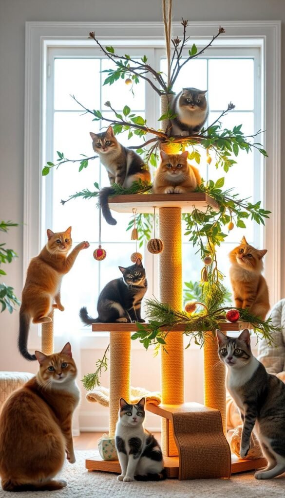 A cozy, well-lit cat tree adorned with natural branches and verdant foliage, positioned in a bright, airy room with warm, diffused lighting. In the foreground, several playful felines of various breeds and colors climb, lounge, and paw at the dangling toys, their expressions content and curious. The middle ground features a sturdy, multi-level structure made of wood and sisal, blending seamlessly with the lush greenery and natural elements. In the background, a large window allows natural light to flood the space, creating a peaceful, serene ambiance. The overall scene conveys a sense of comfort, safety, and joy, perfectly suited for a pet-friendly Christmas ornament display.
