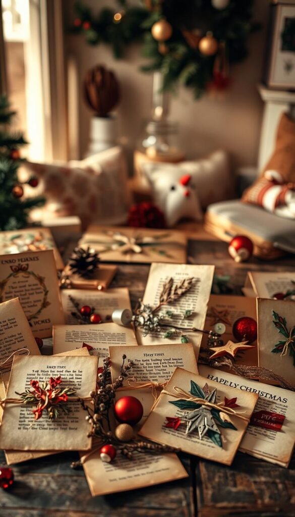 A cozy, well-lit holiday scene featuring a variety of upcycled Christmas cards. In the foreground, an assortment of vintage-inspired cards crafted from repurposed materials like old book pages, newspaper clippings, and fabric scraps. Scattered among them, handmade embellishments like origami ornaments, dried botanicals, and shimmering ribbons. In the middle ground, a rustic wooden table or surface, its worn texture complementing the DIY aesthetic. The background showcases a warm, natural setting, perhaps a cozy living room or crafting nook, with soft lighting and muted tones that create a inviting, homespun atmosphere. The overall composition conveys a sense of holiday charm, resourcefulness, and eco-friendly creativity.