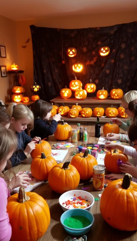 A cozy, well-lit pumpkin decorating scene. In the foreground, a group of children gathered around a wooden table, carefully painting and embellishing vibrant orange pumpkins with an assortment of colorful paints, glitters, and stickers. The middle ground features a display of carved jack-o'-lanterns, their flickering candles casting a warm glow. In the background, a festive Halloween-themed backdrop, perhaps with bats, spiderwebs, or autumn leaves, sets the mood. Soft, diffused lighting illuminates the whole scene, creating a cheerful, family-friendly atmosphere perfect for a Halloween party.