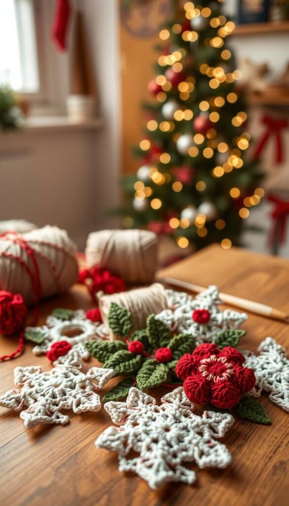 A cozy, well-lit studio setting with a wooden tabletop. In the foreground, a collection of beautifully crafted crochet Christmas ornaments in a variety of festive colors and patterns, including classic snowflakes, holly leaves, and whimsical shapes. The ornaments are arranged artfully, showcasing their intricate textures and stitches. In the middle ground, a spool of yarn and a crochet hook, hinting at the handmade process. The background features a soft, out-of-focus Christmas tree, its twinkling lights adding to the warm, holiday atmosphere. The lighting is soft and diffused, casting gentle shadows and highlighting the delicate details of the crocheted ornaments.