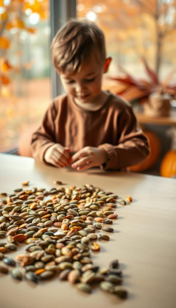 A cozy, well-lit workspace with a light-colored wooden table in the foreground. On the table, an assortment of pumpkin seeds are scattered, ready to be counted and arranged in patterns. In the middle ground, a preschool-aged child's hands gently sort and organize the seeds, their face filled with concentration and delight. The background features a soft, blurred autumn landscape, with warm hues of orange, red, and yellow leaves. The overall atmosphere is one of calm, focus, and the joy of a simple, hands-on fall craft activity.