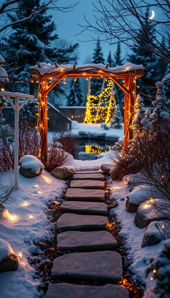 A cozy winter garden scene, softly illuminated by an array of whimsical light projects. In the foreground, delicate string lights twine around a central garden arbor, casting a warm glow on the snowy landscape. Stepping stones of natural stone lead through a path of twinkling fairy lights, guiding the viewer deeper into the scene. In the middle ground, a small pond reflects the dancing lights, while a backdrop of snowy pine trees and a crescent moon complete the serene, enchanting atmosphere. The overall mood is one of tranquil wonder, inviting the viewer to step into this magical winter wonderland.