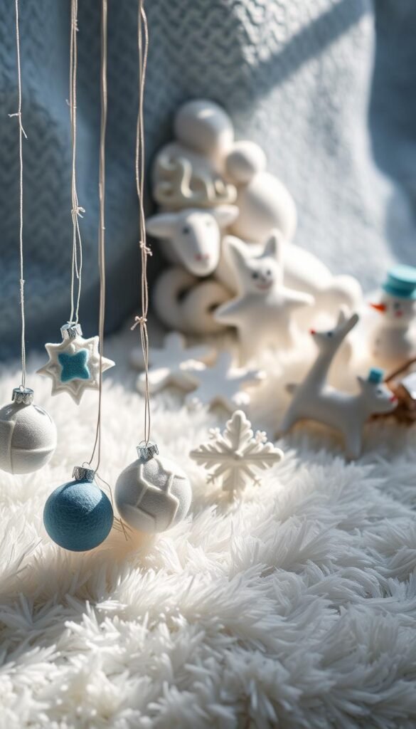 A cozy winter scene featuring a group of handmade felt ornaments in a variety of whimsical shapes and textures. In the foreground, an assortment of ornaments in soft shades of blue, white, and silver hang from delicate silver strings, casting gentle shadows on a plush white surface. In the middle ground, additional ornaments in the shapes of snowflakes, reindeer, and snowmen sit atop a background of textured felt in cool tones. The lighting is soft and diffused, creating a warm, inviting atmosphere that evokes the tranquility of a snowy winter day. The overall composition is balanced and visually harmonious, showcasing the craftsmanship and attention to detail of these charming, homemade felt ornaments.