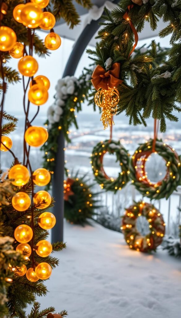 A cozy winter scene filled with lush, verdant wreaths adorned with a variety of sparkling lights. The foreground features an arrangement of round, retro-style string lights in warm hues of gold and amber, casting a soft, inviting glow. The middle ground showcases several handcrafted wreaths, their intricate woven patterns complemented by clusters of twinkling fairy lights that shimmer and dance. In the background, a serene, snowy landscape sets the stage, with a hint of a twinkling town in the distance, adding to the festive, nostalgic atmosphere.