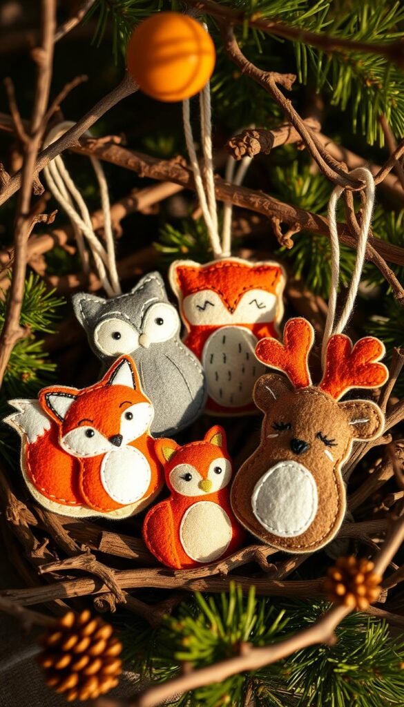 A cozy woodland scene with felt Christmas ornaments in the shape of playful woodland animals, such as foxes, owls, and deer. The ornaments are hand-stitched with intricate details, casting warm, soft shadows in the gentle lighting. The ornaments are arranged in a natural, organic composition, nestled among rustic branches and pine needles. The overall atmosphere is whimsical, nostalgic, and inviting, evoking the charm of a handmade holiday.