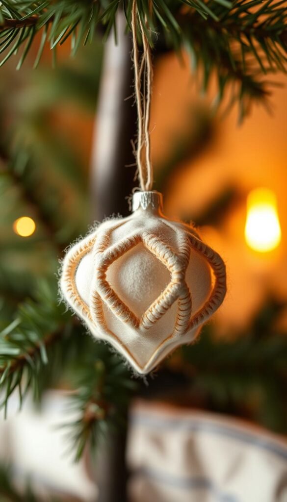 A delicate felt ornament hangs against a warm, natural backdrop. The ornament's intricate design features simple geometric shapes and a soft, fuzzy texture. Warm lighting casts a cozy glow, highlighting the ornament's dimensional layers and subtle shading. The composition focuses on the ornament, with a slightly blurred foreground and background to draw the eye. The overall mood is one of handcrafted charm and holiday cheer, inviting the viewer to imagine the ornament adorning a rustic, homemade Christmas tree.