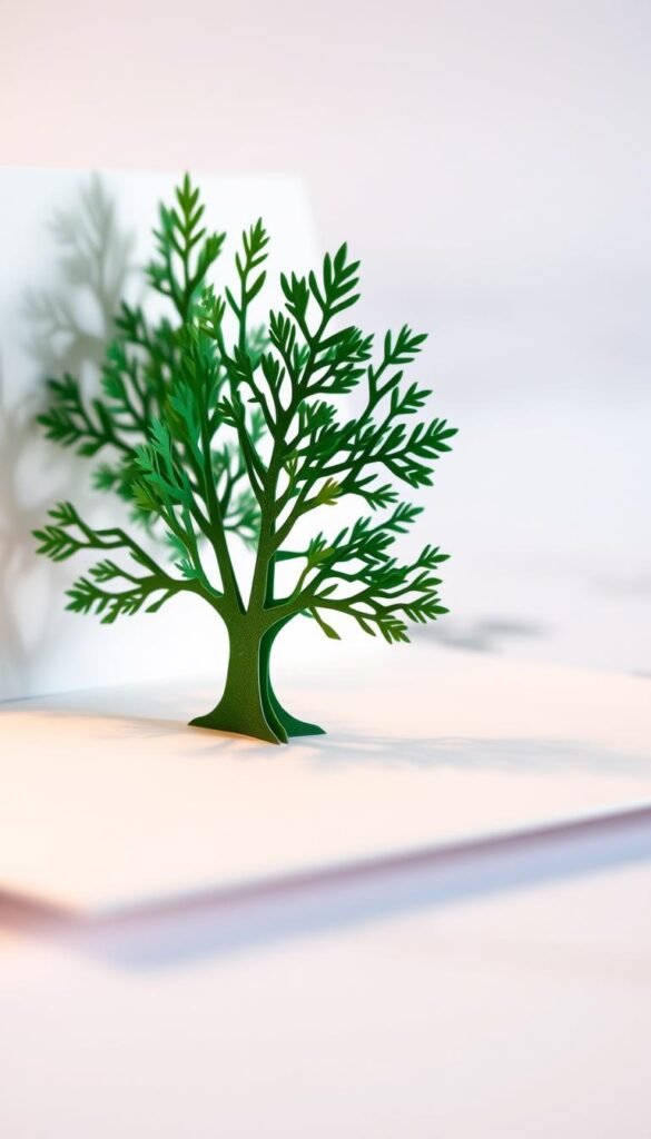 A delicate pop-up tree card with intricate paper folds and vibrant evergreen hues. The foreground showcases the three-dimensional tree silhouette emerging from the card, with sharp, crisp edges and a sense of depth. The middle ground features a minimalist, white background that allows the pop-up element to take center stage. The background subtly suggests a winter setting, with soft, muted tones of gray and blue evoking a serene, calming atmosphere. Warm, directional lighting from the top left casts gentle shadows, enhancing the tactile, handcrafted quality of the piece. Captured in a clean, high-resolution close-up, the image invites the viewer to appreciate the delicate craftsmanship and the magical, interactive nature of this enchanting holiday card.