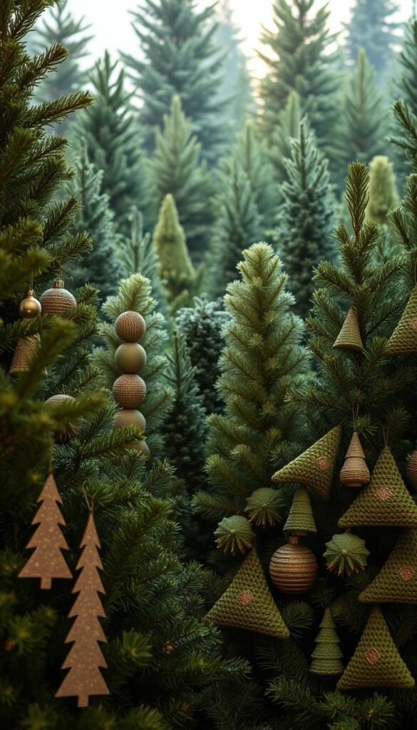 A dense evergreen forest with a variety of tree shapes and sizes, from tall majestic pines to smaller, bushier fir trees. The foreground features a cluster of stylized, modern tree-shaped ornaments in muted, earthy tones, with a hint of metallic accents. The middle ground showcases a collection of traditional granny-stitch triangle ornaments in a range of greens, creating a cozy, textured effect. The background is filled with a soft, atmospheric lighting, casting a warm, golden glow over the scene. The overall composition conveys a sense of festive, natural elegance, perfect for decorating a Christmas tree.