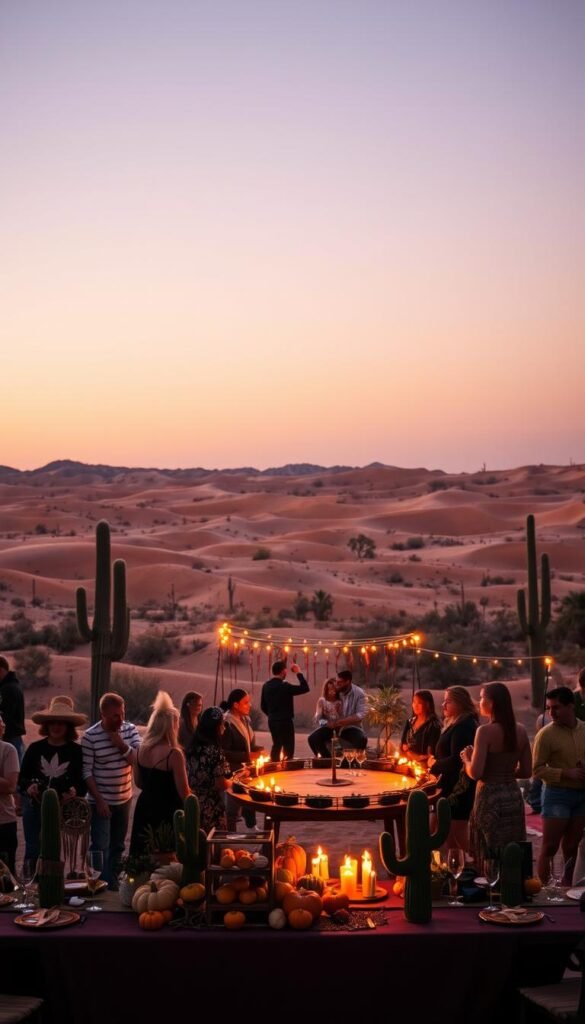A desert Halloween party in the warm glow of a setting sun. In the foreground, a table adorned with cacti, pumpkins, and dreamcatchers. Guests mingle, their costumes casting playful shadows. In the middle ground, a ring of flickering tiki torches illuminates a makeshift dance floor, where revelers sway to the rhythm of a mariachi band. The background is a vast, windswept landscape of undulating dunes, punctuated by the silhouettes of towering saguaro cacti against a dusky sky. The overall atmosphere is one of enchantment and adventure, a mystical fusion of desert and holiday traditions.