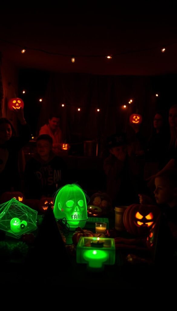 A dimly lit Halloween party scene, with an array of spooky and creative party games in the foreground. In the middle ground, a group of costumed guests engaged in lively activities, their faces illuminated by the flickering glow of jack-o'-lanterns and string lights. The background features a haunting, atmospheric setting, with eerie shadows and a sense of mystery. The overall mood is one of festive, imaginative celebration, where the guests' ingenuity and playfulness take center stage. Soft, warm lighting casts a cozy, inviting ambiance, while a touch of supernatural undertones adds an element of the unexpected.