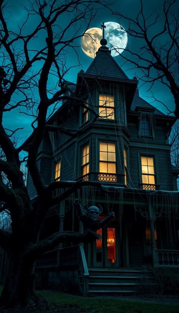 A dimly lit, cobweb-infested Victorian mansion stands tall against a moonlit sky. The weathered exterior is adorned with crumbling gargoyles and a rotting wooden porch. Gnarled trees loom ominously in the foreground, their twisted branches casting eerie shadows. The windows glow with an unearthly light, hinting at the supernatural forces lurking within. The atmosphere is thick with a sense of foreboding, the air heavy with the scent of decay. A chill runs down the spine, as if the very walls of the house are watching, waiting to ensnare the unwary. This is a scene of unsettling ambiance, a haunting invitation to explore the unknown.