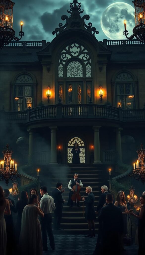 A dimly lit manor house, its grand facade adorned with intricate gothic architecture and shrouded in an ethereal mist. In the foreground, a lavish Halloween party is in full swing, with guests donning opulent, ghostly attire and elegant masks. Elegant chandeliers cast a soft, flickering glow, illuminating the scene with an otherworldly ambiance. The middle ground features a sweeping staircase, its steps leading up to a balcony where a string quartet performs a haunting, melancholic melody. In the background, towering windows offer glimpses of a stormy, moonlit sky, adding to the sense of spectral enchantment. The overall atmosphere is one of haunting beauty, where the boundaries between the living and the spectral blur, creating a visually captivating "Ghostly Elegance" Halloween party.