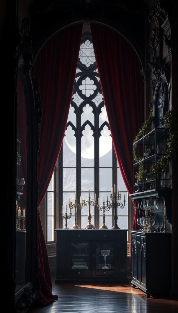 A dimly lit, ornate interior with a striking Gothic ambiance. In the foreground, a grand, antique mirror with an intricate, ebony-hued frame casts an ethereal glow. Lush, velvet curtains in deep crimson frame a tall, arched window, allowing only slivers of moonlight to filter through. In the middle ground, a sleek, black lacquered cabinet displays an array of bejeweled candelabras and delicate crystal glassware. The background features a towering, ornamental fireplace mantled with gargoyle statues and trailing ivy. The overall atmosphere is one of dark elegance and supernatural enchantment, evoking a sense of old-world glamour and haunting beauty.