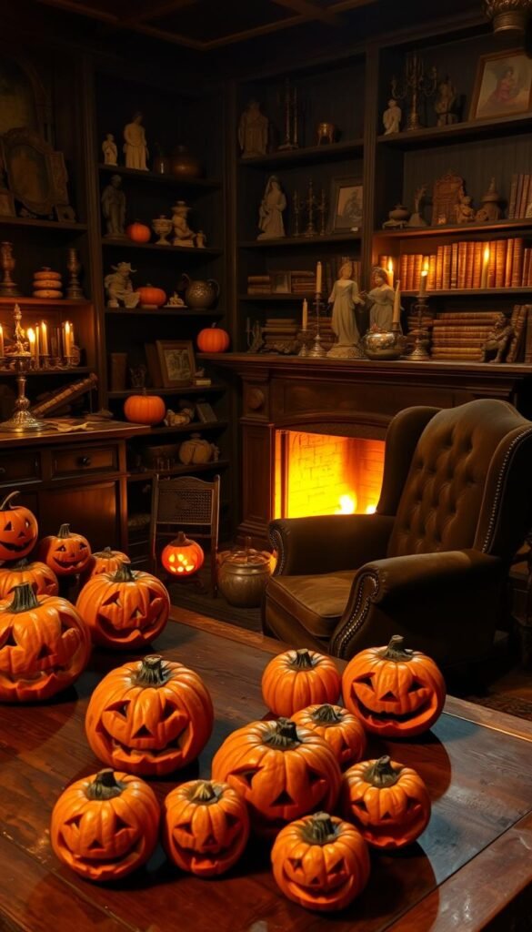 A dimly lit room filled with vintage Halloween decorations. A wooden table in the foreground displays an array of carved jack-o'-lanterns, grinning mischievously. In the middle ground, a worn velvet armchair sits next to a crackling fireplace, casting a warm, flickering glow. In the background, shelves adorned with antique figurines, tarnished candelabras, and worn leather-bound books create a sense of timeless, cozy nostalgia. The air is thick with the scent of cinnamon and clove, and the room is bathed in a soft, golden light, evoking a feeling of autumn's embrace. The overall atmosphere is one of comfortable, nostalgic charm, inviting the viewer to step back in time and experience the magic of a bygone era.