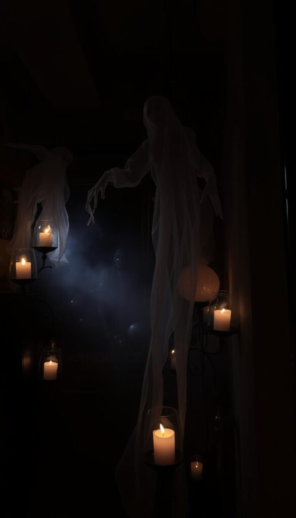 A dimly lit room, haunted by the eerie glow of ghostly decorations. In the foreground, wispy spirits drift and sway, their ethereal forms casting flickering shadows on the walls. Floating candles cast a warm, wavering light, illuminating a collection of translucent orbs and diaphanous veils that seem to undulate with a supernatural energy. The middle ground is filled with a hazy mist, obscuring the details of a macabre menagerie of spooky trinkets and unsettling artifacts. In the background, the shadows deepen, hinting at the presence of more unearthly entities, their unseen forms adding to the sense of unease and mystery. A chilling, otherworldly atmosphere permeates the scene, inviting the viewer to explore the haunted realm of ghostly decorations.
