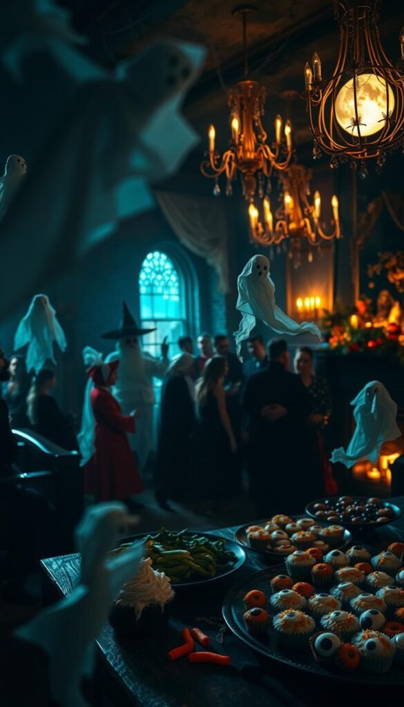 A dimly lit room with a ghostly Halloween party in full swing. In the foreground, tissue paper ghosts float eerily, their wispy forms casting long shadows. On a nearby table, an assortment of spooky treats and candies are arranged - gooey, oozing cupcakes, gummy worms, and bite-sized eyeball cookies. The middle ground is filled with guests dressed in an array of costumes - from witches and vampires to black cats and skeletons, all gathered around a crackling fireplace. In the background, cobweb-covered chandeliers cast a warm, flickering glow, while a full moon shines through dusty windows, illuminating the haunting scene.
