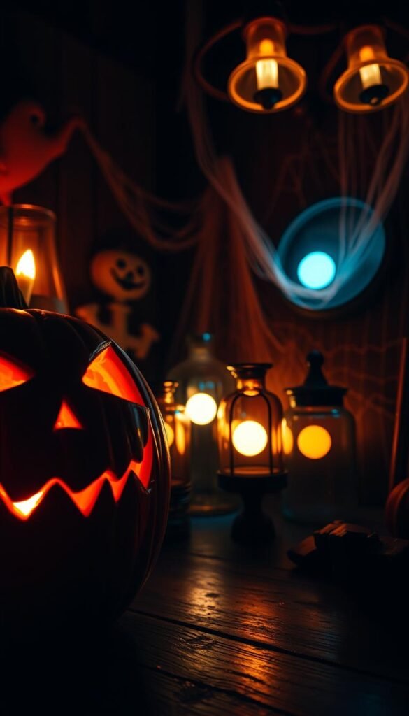 A dimly lit room with eerie Halloween-themed lighting casting an otherworldly glow. In the foreground, a jack-o'-lantern with a haunting expression, its flickering candle casting dramatic shadows. In the middle ground, a collection of vintage-style glass jars, each containing a ghostly orb of light. The background features a moody, atmospheric setting with cobweb-draped corners and a sense of spooky enchantment. The lighting is a mix of warm amber tones and cool blue hues, creating a chilling, cinematic ambiance. Capture this scene with a wide-angle lens to emphasize the depth and immersive quality of the space.
