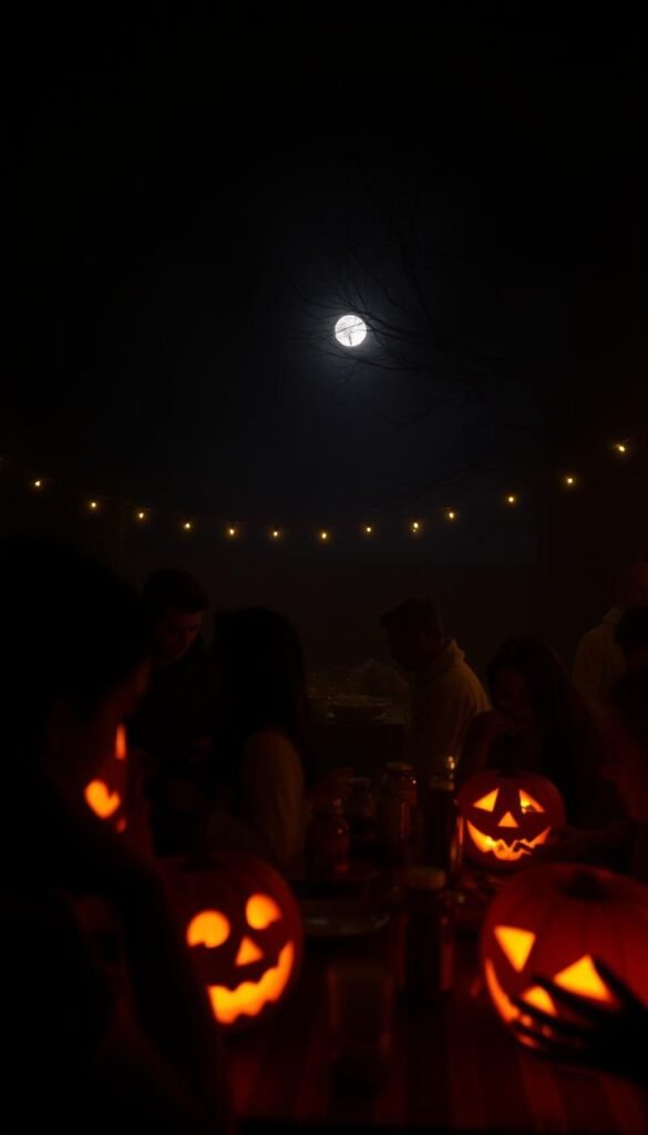 A dimly lit, spooky Halloween party scene. In the foreground, a group of costumed partygoers engaged in a team-based challenge, their faces illuminated by the flickering glow of jack-o'-lanterns. In the middle ground, a table laden with Halloween-themed snacks and drinks, surrounded by ghostly decor and twinkling string lights. In the background, a shadowy, fog-shrouded environment with bare trees and a full moon casting an eerie glow. The lighting is dramatic, with deep shadows and highlights creating a moody, atmospheric ambiance. The overall tone is one of suspense and anticipation, perfectly capturing the spirit of a Halloween team challenge.