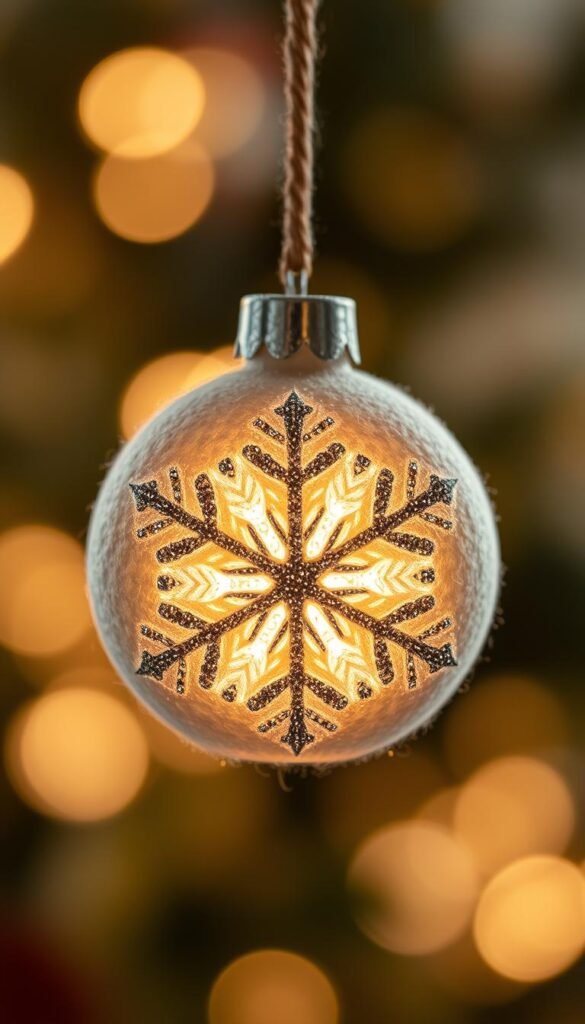 A felt ornament with a delicate snowflake pattern, lightly dusted with sparkling silver glitter. The ornament is illuminated by a soft, diffused light, casting a warm, cozy glow. The surface has a slight sheen, giving the impression of a freshly fallen snow. The ornament is suspended against a blurred, bokeh-filled background, emphasizing the intricate texture and handcrafted details. The composition is centered, allowing the ornament to be the focal point, capturing the essence of a handmade, holiday decoration.