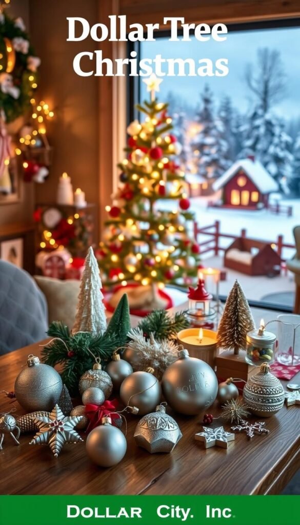 A festive Dollar Tree Christmas scene with a warm, cozy atmosphere. In the foreground, an assortment of simple yet elegant holiday crafts, such as DIY ornaments, garlands, and centerpieces, arranged on a wooden surface. The middle ground features a whimsical Christmas tree adorned with basic ornaments and lights, casting a soft, golden glow. In the background, a winter wonderland landscape with snow-dusted trees and a hint of a cozy cabin, illuminated by the soft, twinkling lights of the season. The overall composition conveys a sense of charm, creativity, and the magic of Christmas, all achieved with budget-friendly Dollar Tree finds.
