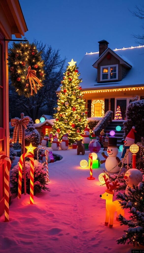 A festive winter wonderland scene with an array of colorful outdoor Christmas decorations adorning a suburban home. In the foreground, a beautifully lit up wreath hangs on the front door, while lighted candy canes and reindeer figures line the snow-dusted pathway. The middle ground showcases a towering Christmas tree sparkling with twinkling lights, surrounded by an assortment of inflatable snowmen, snowglobes, and glowing orbs. In the background, a cozy cottage-style house is blanketed in a soft layer of snow, its rooftop adorned with icicle lights and a glowing star. The scene is bathed in a warm, golden glow from strategically placed spotlights, creating a magical, inviting atmosphere perfect for the holiday season.