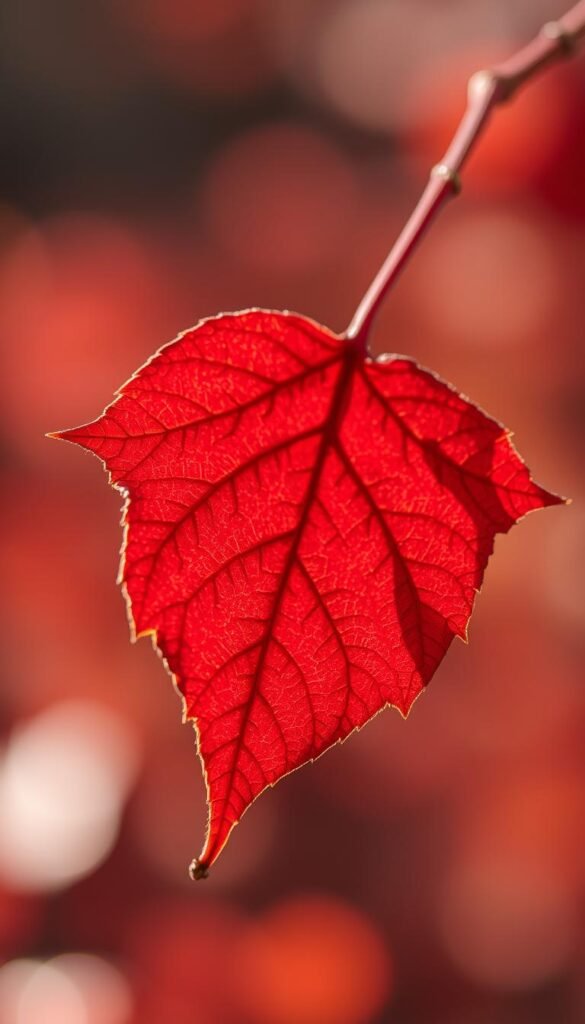 A gently lit, close-up photograph of a single vibrant fall leaf against a soft, out-of-focus background. The leaf is a rich, deep red, with intricate veins and a slight curl at the edges, capturing the essence of autumn. The lighting is natural and diffused, creating a warm, autumnal glow that highlights the leaf's delicate textures and hues. The shallow depth of field blurs the background, allowing the leaf to take center stage and draw the viewer's attention to its beauty and sensory appeal.