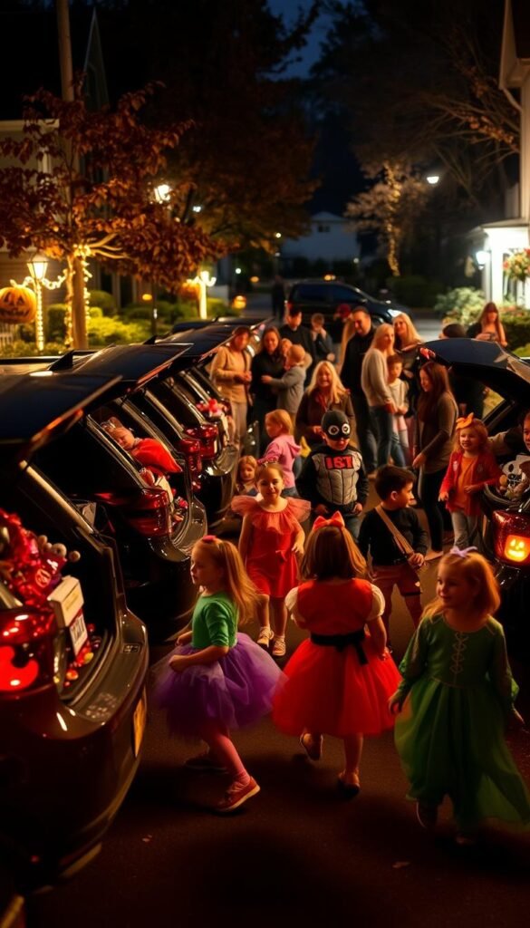 A lively Halloween trunk-or-treat event in a cozy neighborhood. In the foreground, a row of festively decorated car trunks, each filled with candy and spooky decorations, as excited children in vibrant costumes dart between them. In the middle ground, families gathered around, laughing and taking photos, the air filled with the joyful energy of the holiday. In the background, a dimly lit street lined with pumpkin-lit jack-o'-lanterns and autumn foliage, setting the perfect autumnal mood. Warm lighting from the cars and porch lights casts a soft, inviting glow over the entire scene, creating an atmosphere of community and celebration.