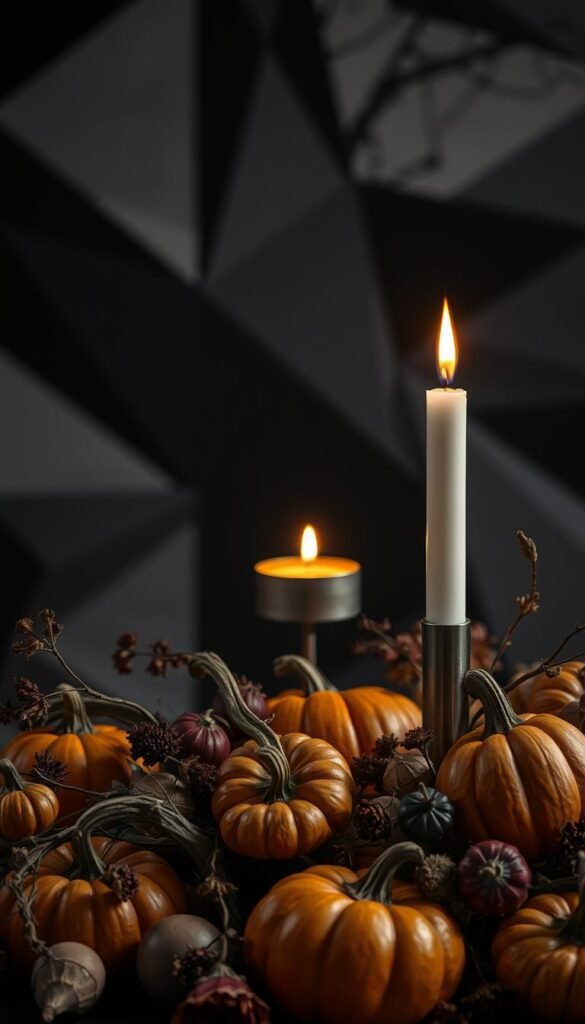 A modern and stylish Halloween scene, bathed in a moody, atmospheric lighting. In the foreground, a twisted arrangement of pumpkins, gourds, and dried flowers in a rich, autumnal color palette of deep oranges, burgundies, and subtle metallics. The middle ground features a sleek, minimalist candleholder with flickering flames, casting warm, soft illumination across the scene. In the background, a slightly blurred, abstract geometric pattern in shades of black, gray, and white, creating a sense of depth and visual interest. The overall aesthetic is one of elegant sophistication, blending traditional Halloween elements with a contemporary, high-design sensibility.