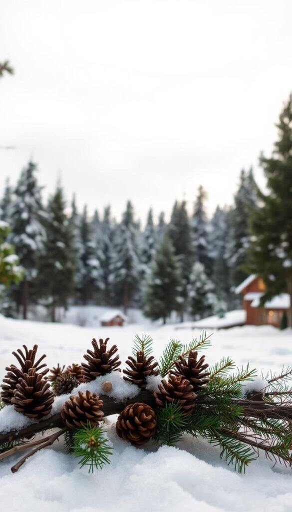 A serene winter landscape, bathed in soft, natural light. In the foreground, a collection of pine cones, sticks, and evergreen branches, delicately arranged to create a charming, nature-inspired holiday scene. The middle ground features a lush, snow-covered forest, with towering pine trees stretching towards a pale, overcast sky. In the background, a glimpse of a cozy cabin, its warm glow offering a welcoming contrast to the crisp, wintry atmosphere. The overall mood is one of tranquility and wonder, perfectly capturing the essence of "Nature-inspired christmas crafts kids can make with sticks, pine cones, and evergreen".