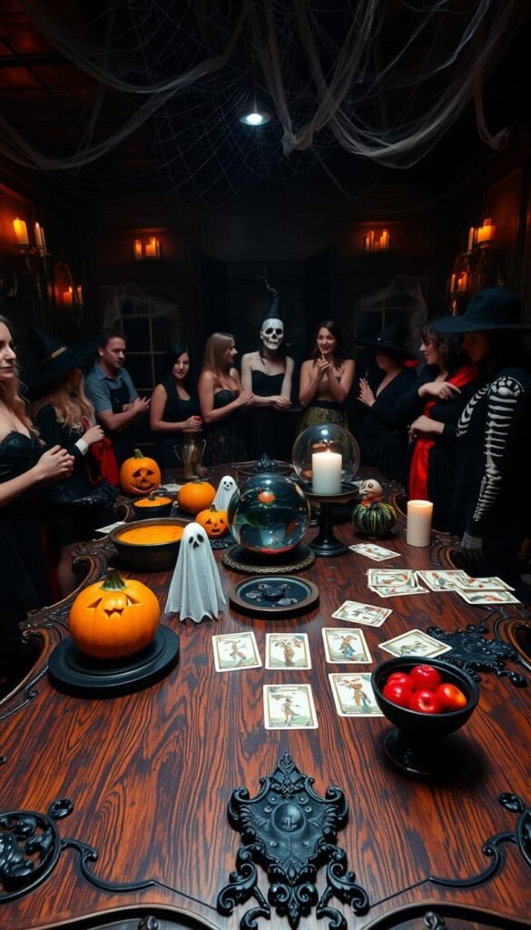 A spooky Halloween party scene with a variety of engaging games. In the foreground, a large, ornate wooden table is set up with a variety of festive games and activities - a classic pumpkin carving station, a bobbing for apples tub, and a set of tarot cards. Ghostly jack-o'-lanterns and a crystal ball add to the mystical atmosphere. In the middle ground, partygoers in creative costumes, including witches, vampires, and skeletons, mingle and interact with the games. The background features a dimly lit, cobweb-adorned room with eerie shadows and flickering candles, creating a cozy, haunted ambiance.