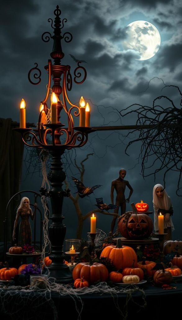 A spooky Halloween party scene with an array of captivating decorations. In the foreground, a large, ornate black candelabra casts a warm, flickering glow over the table, adorned with festive pumpkins, bats, and spider webs. In the middle ground, a haunting display of ghostly figures, carved jack-o'-lanterns, and tangled vines spills across the space. The background features a moody, atmospheric setting with a full moon peeking through a cloudy night sky, casting an eerie, ethereal light. The overall mood is one of enchantment and mystery, perfectly capturing the essence of a Pinterest-worthy Halloween party setup.