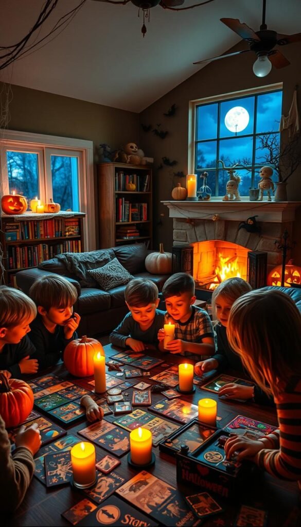 A spooky Halloween party scene with kids playing festive games in a cozy, dimly lit living room. The foreground features a table with a variety of board games, card decks, and Halloween-themed puzzles. Pumpkins, jack-o'-lanterns, and cobwebs decorate the space, casting warm, flickering candlelight. In the middle ground, children of diverse ages sit around the table, engaged in gameplay, their faces aglow with excitement. The background showcases a bookshelf lined with Halloween storybooks, a fireplace with a roaring fire, and a large window revealing a moonlit night sky outside. An atmosphere of whimsical, family-friendly fun and eerie, autumnal wonder pervades the scene.