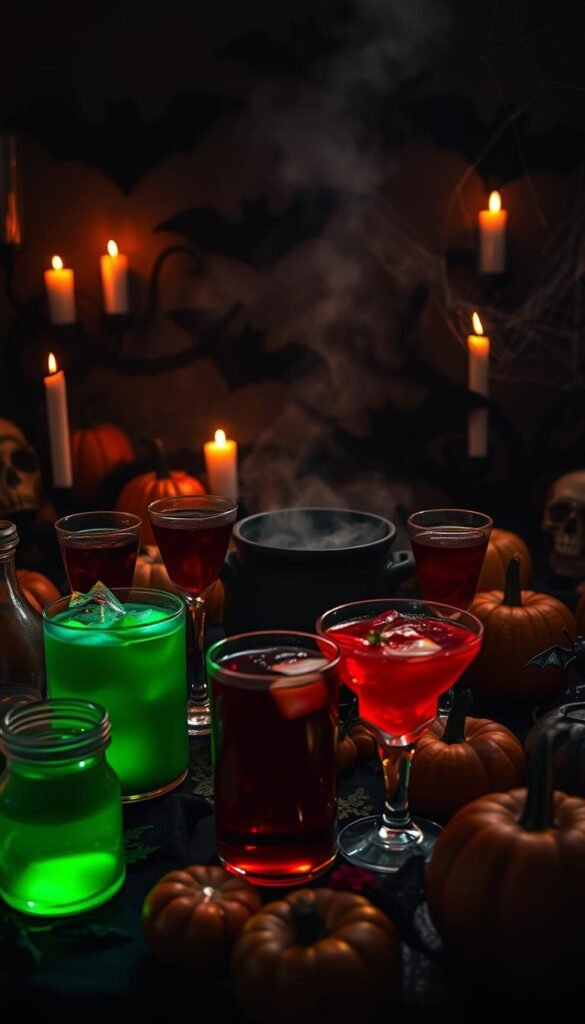 A spooky Halloween party spread with an array of eerie and enchanting beverages. In the foreground, a collection of colorful potions and cocktails - glowing green witches' brew, bubbling blood-red sangria, and a dark, smoky cauldron of mysterious elixir. Dim candle lighting casts a warm, flickering glow, while bats and spider webs decorate the shadowy background. Pumpkins, skulls, and other haunting accoutrements adorn the scene, creating a hauntingly festive atmosphere. The composition is shot at a low angle, giving the viewer a sense of being immersed in the macabre festivities. Moody, atmospheric lighting and a cinematic, dramatic flair capture the essence of a delightfully creepy Halloween celebration.